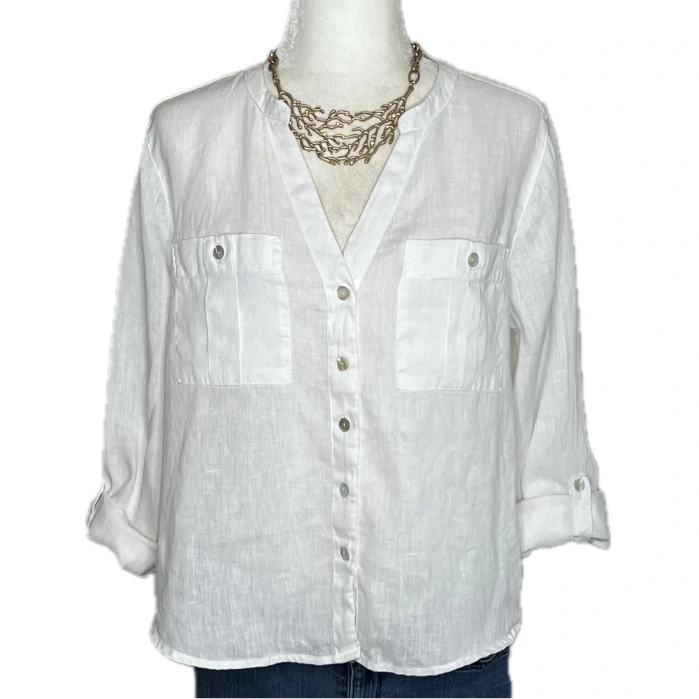 Isaac Mizrahi 100% Linen Blouse V Neck Button Up White Medium M - Picture 4 of 11